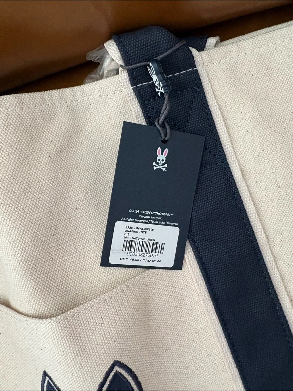 Psycho Bunny Cream and Navy Canvas Tote with Bunny Skull Patch